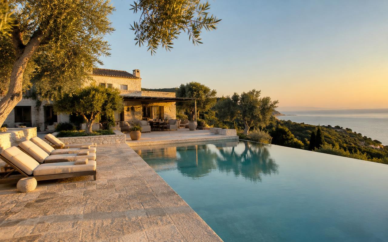 Villa mediterranea con piscina al tramonto, esempio di sito per struttura ricettiva